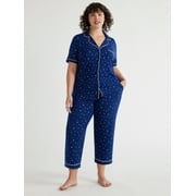 Joyspun Women's Knit Short Sleeve Notch Collar Top and Capri Pajama Set, 2-Piece, Sizes S to 3X