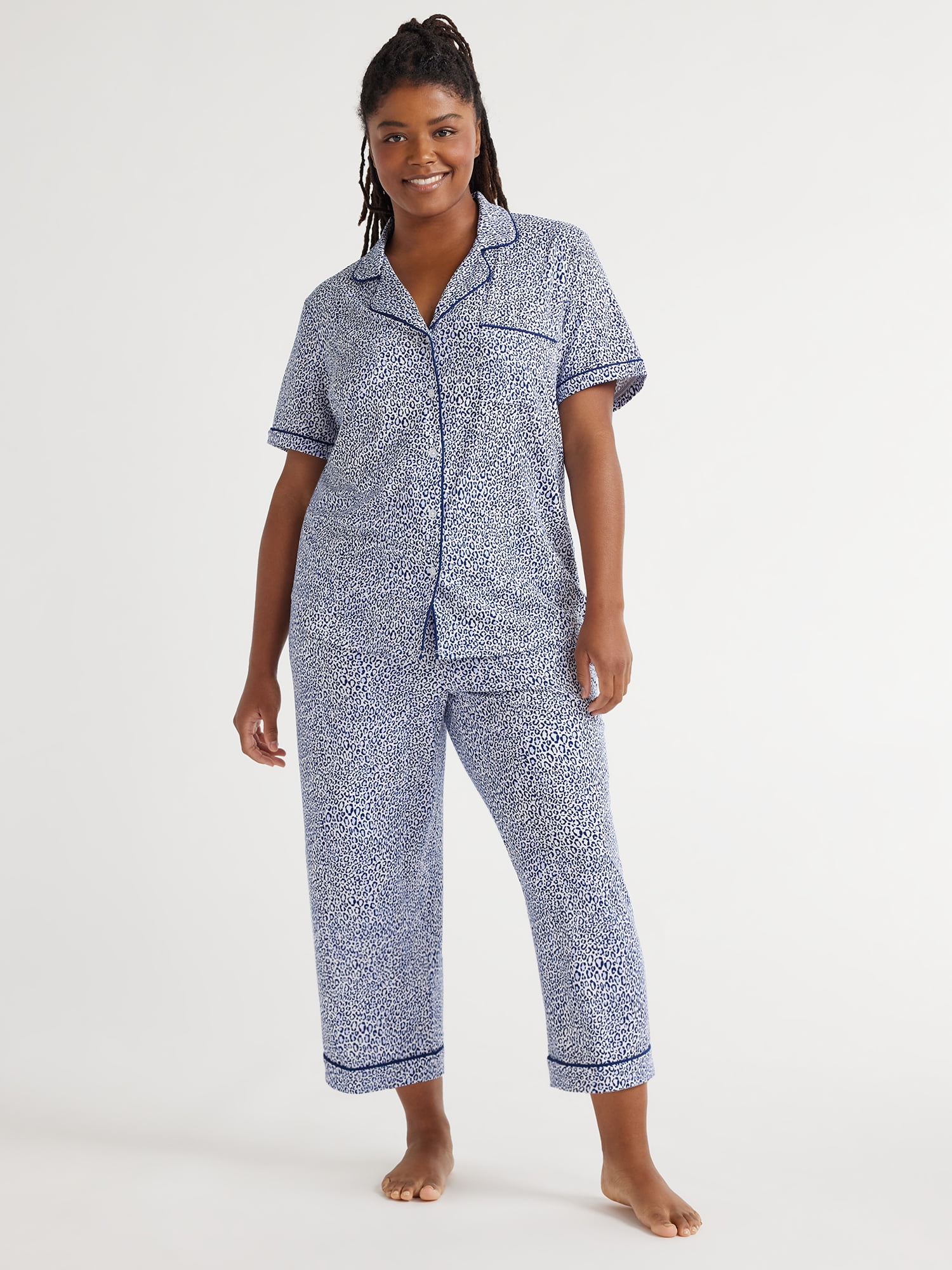 Joyspun Women's Short Sleeve Notch Collar Top and Shorts Knit Pajama Set,  2-Piece, Sizes S to 3X 