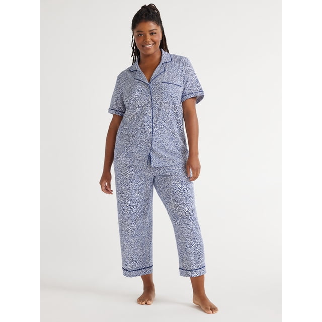 Anna-Kaci Lounge Women's Satin Pajama Set with Short Sleeve Notch Collar Button-Up Top and Polka Dot Wide Leg Pants