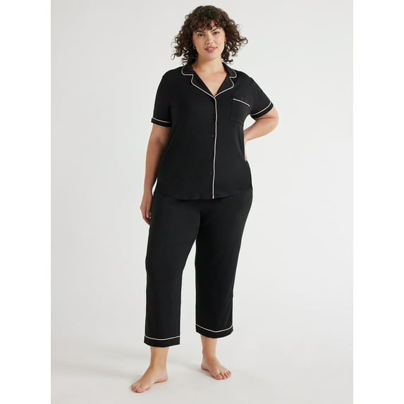 Joyspun Women's Knit Short Sleeve Notch Collar Top and Capri Pajama Set, 2-Piece, Sizes S to 3X