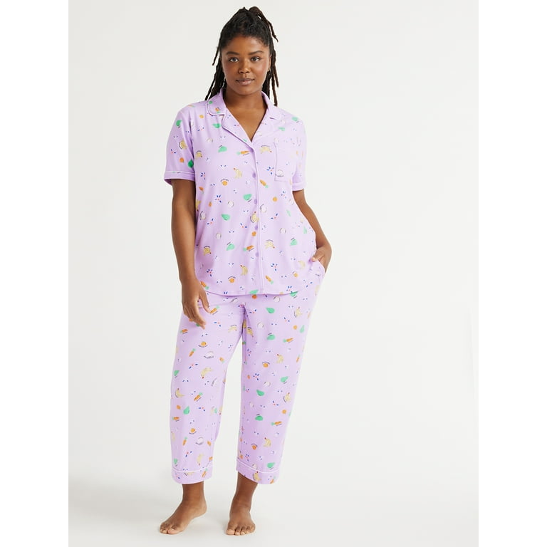 Joyspun Women's Knit Short Sleeve Notch Collar Top and Capri Pajama Set,  2-Piece, Sizes S to 3X 