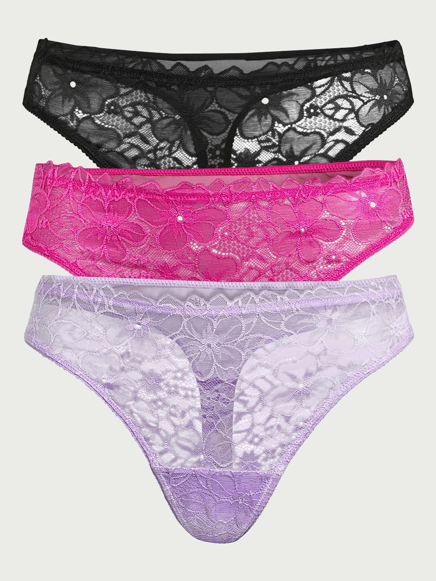 Joyspun Women's Lace Thong Panties, 3-Pack, Sizes XS to 3XL 