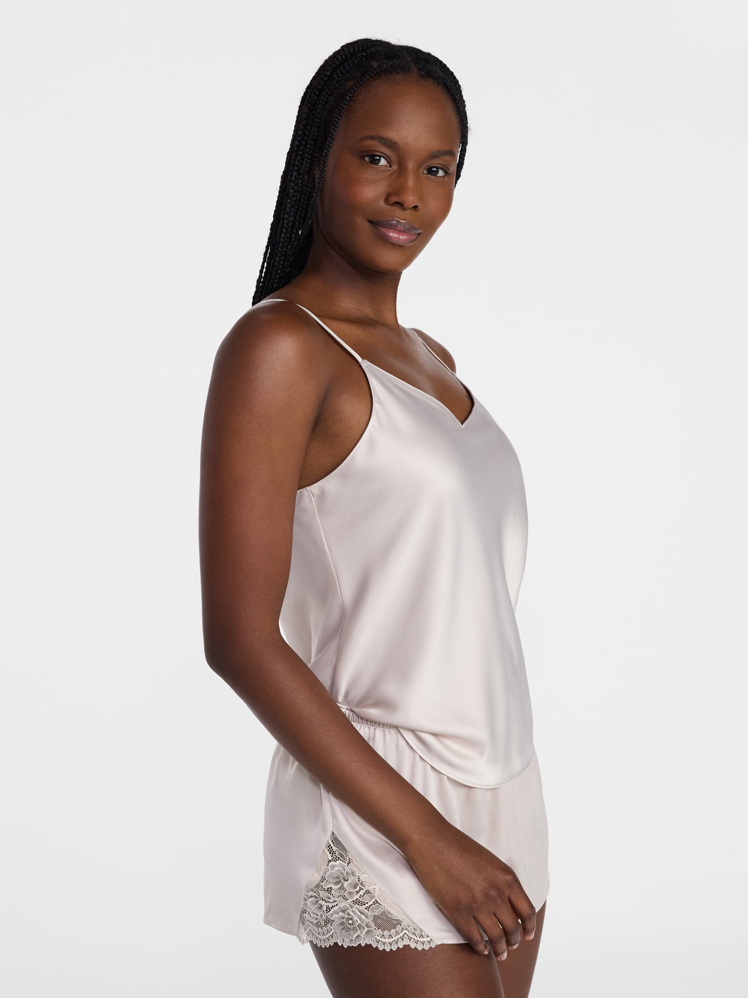 Joyspun Women's Lace Trim Satin Cami and Shorts Set, Sizes S-3X