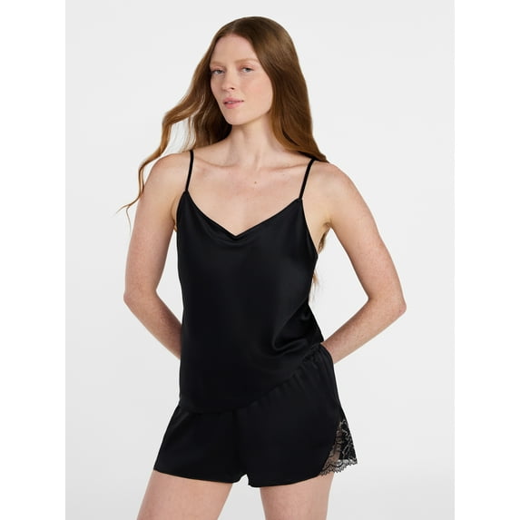 Joyspun Women’s Lace Trim Satin Cami and Shorts Set, Sizes S-3X