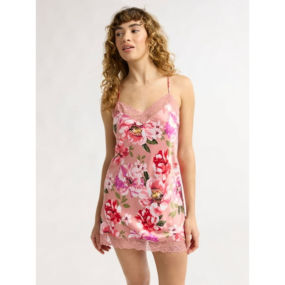 Joyspun Women’s Lace Trim Satin Chemise, Sizes S to 3X