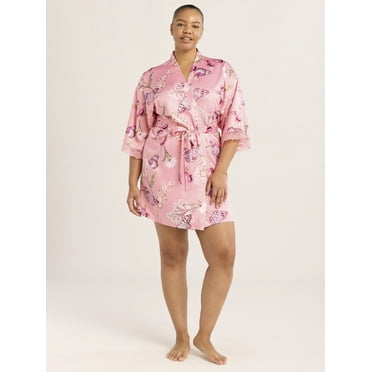 Joyspun Women’s Lace Trim Satin Robe, Sizes S-3X