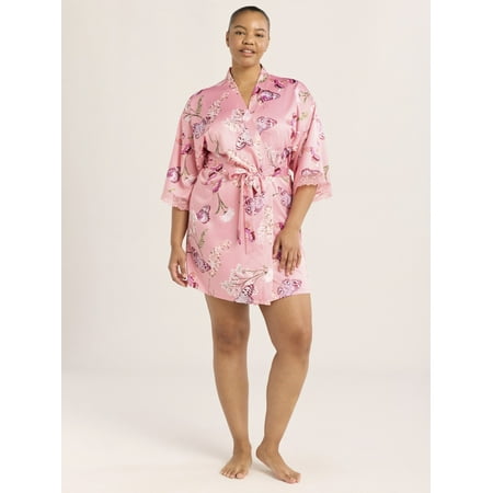 Joyspun Women’s Lace Trim Satin Robe, Sizes S-3X
