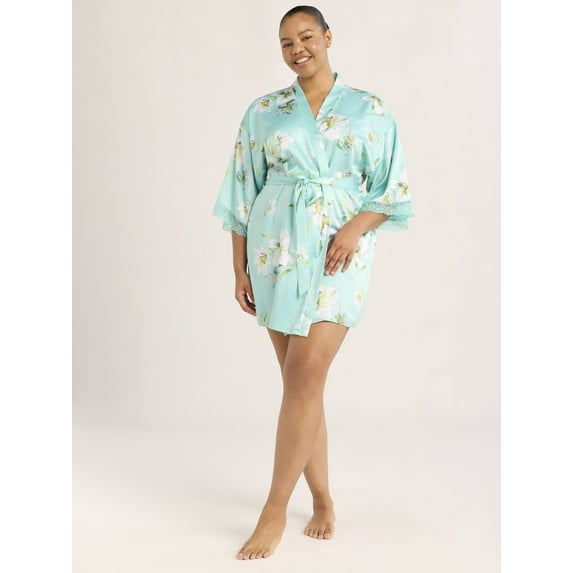 Joyspun Women’s Lace Trim Satin Robe, Sizes S-3X
