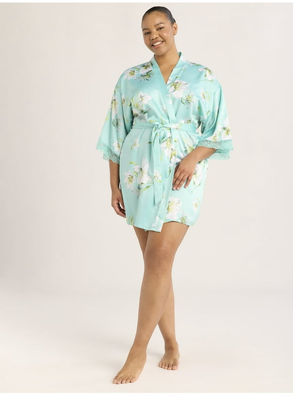 Women’s Lace Trim Satin Robe, Sizes S-3X