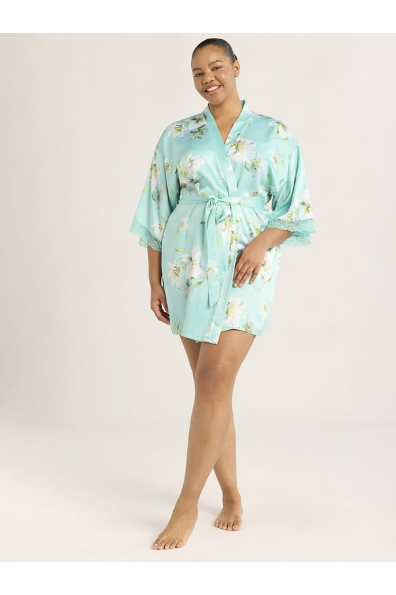 Women’s Lace Trim Satin Robe, Sizes S-3X