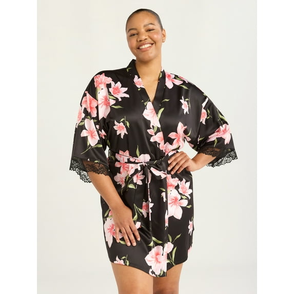 Joyspun Women’s Lace Trim Satin Robe, Sizes S-3X