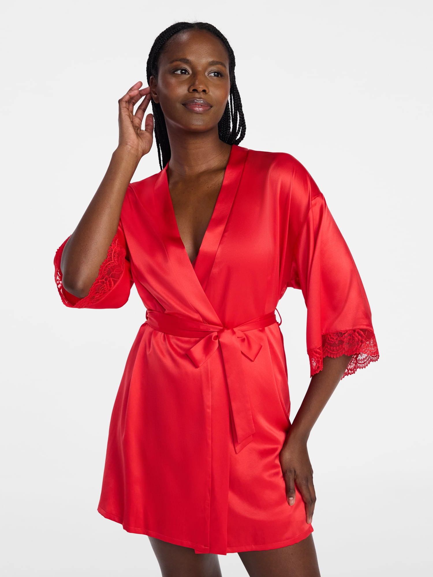 Joyspun Women’s Lace Trim Satin Valentine's Day Robe, Sizes S-3X