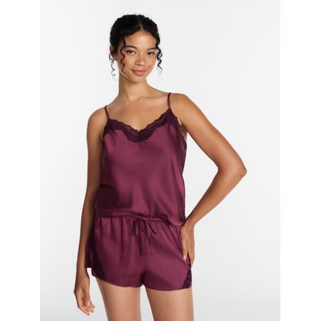 Joyspun Women’s Lace Trim Stretch Satin Cami and Shorts Set, 2-Piece, Sizes XS-3X