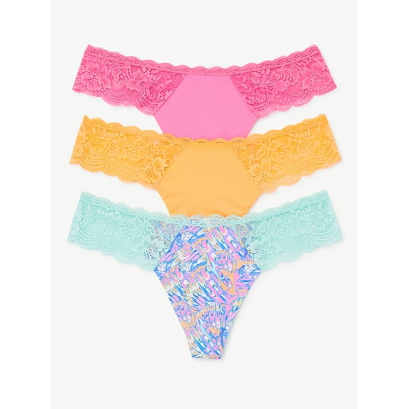 Joyspun Women's Lace Trim Thong Panties, 3-Pack, Sizes S to 3XL