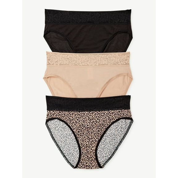 Joyspun Women's Lace and Modal High Cut Brief Panties, 3-Pack, Sizes XS to 3XL