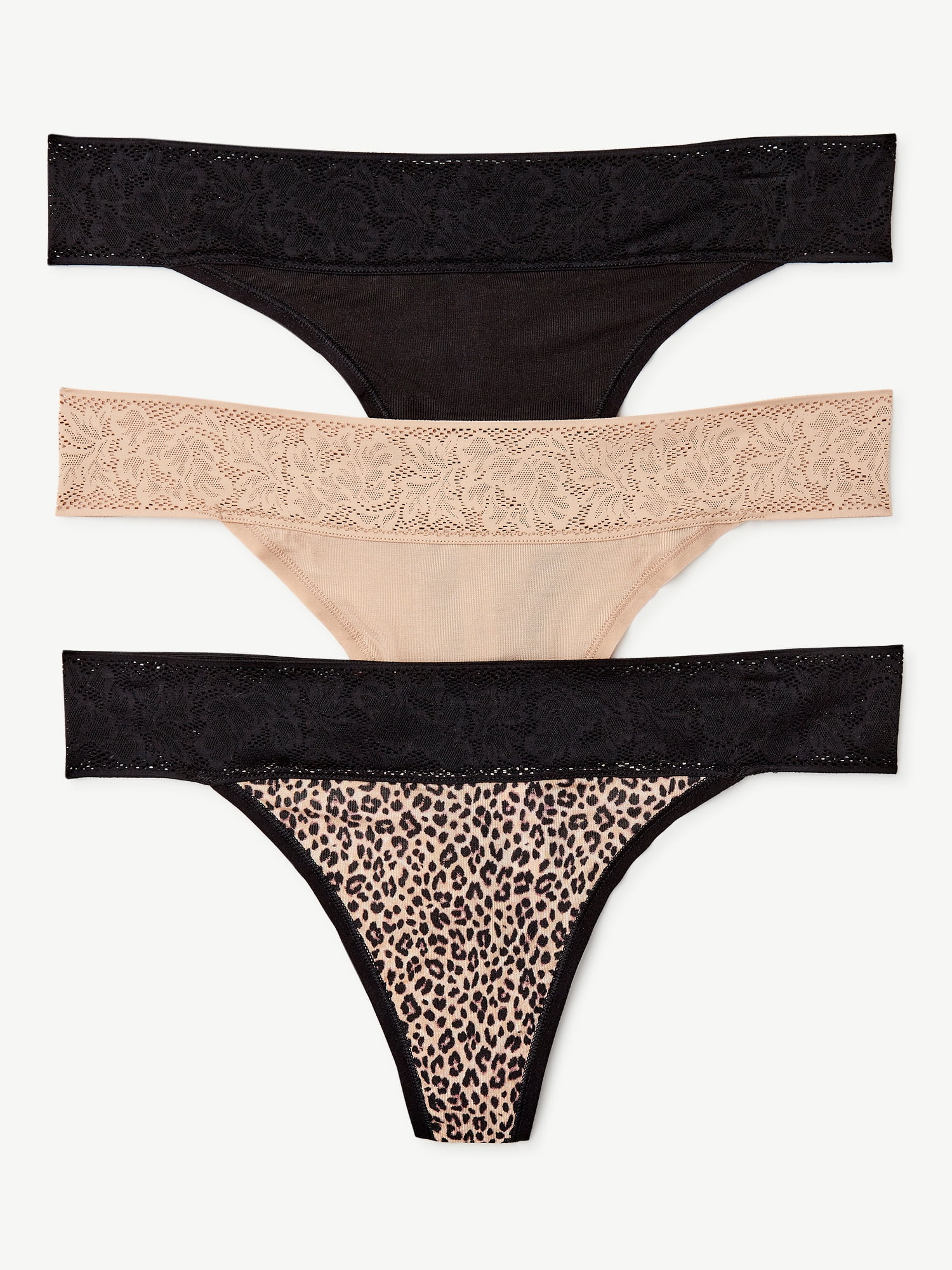 Joyspun Women's Modal and Lace Thong Panties, 3-Pack, Sizes S to 3XL