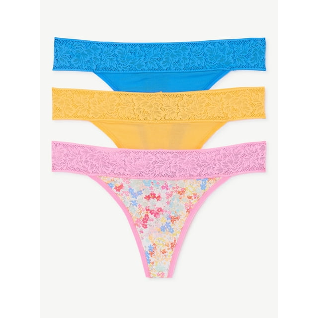 Joyspun Women's Lace and Modal Thong Panties, 3-Pack, Sizes XS to 3X