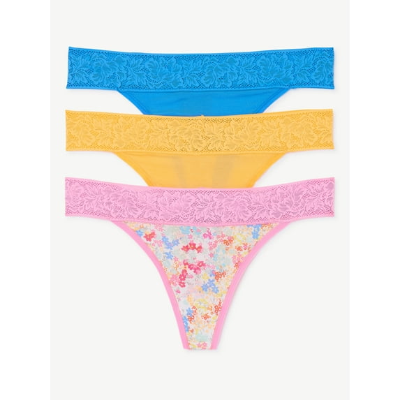 Joyspun Women's Lace and Modal Thong Panties, 3-Pack, Sizes XS to 3X