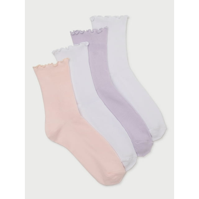 Joyspun Women’s Lettuce Edge Ankle Socks, 4-Pack, Sizes 4-10