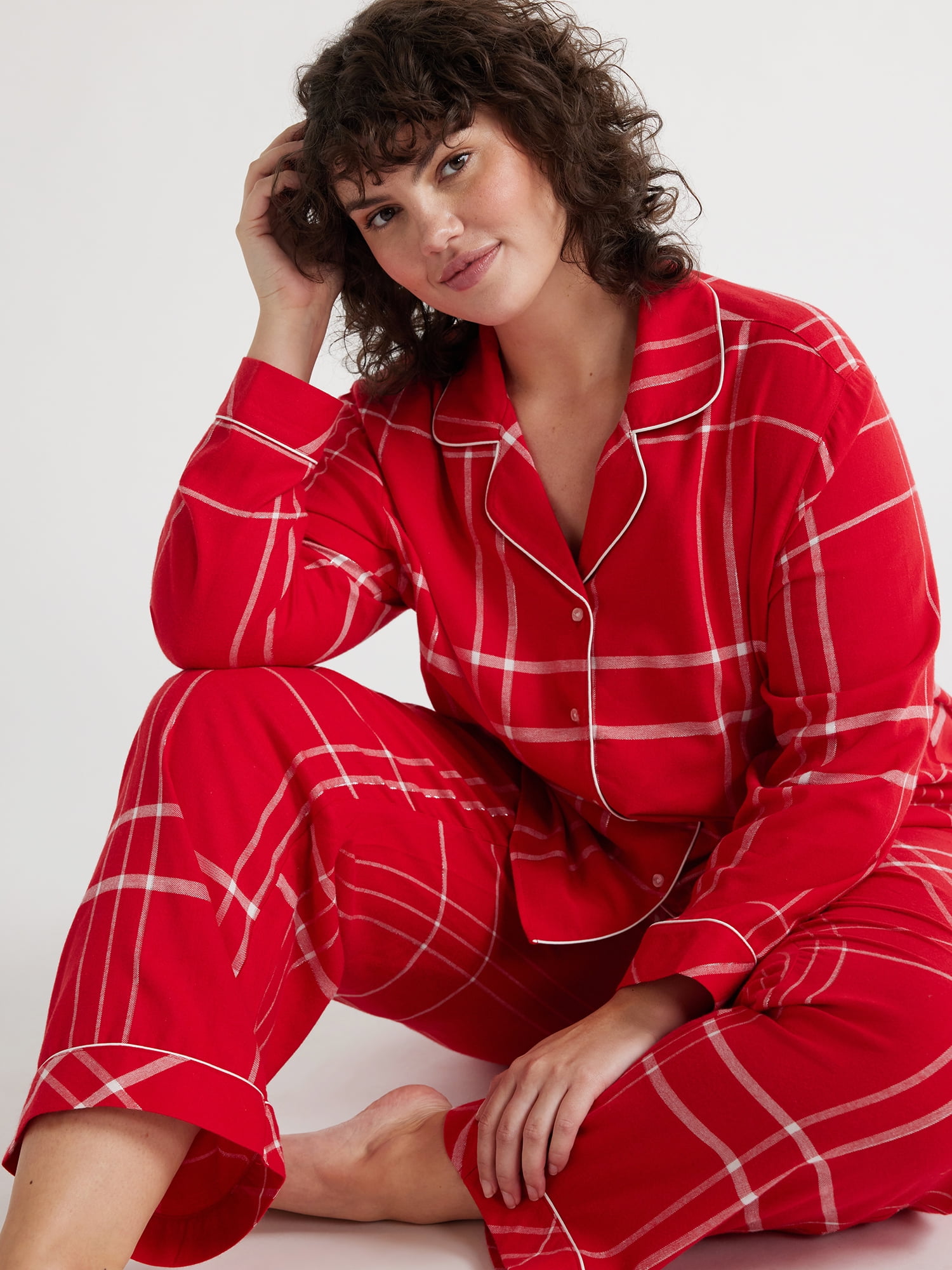 Joyspun Women's Long Sleeve Flannel Sleep Top and Pants Pajama Set, 2 ...