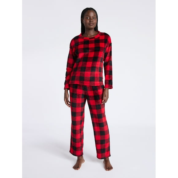 Joyspun Women's Folded Giftable Plush Long Sleeve Top and Pants Pajamas Set, 2-Piece, Sizes S-3X