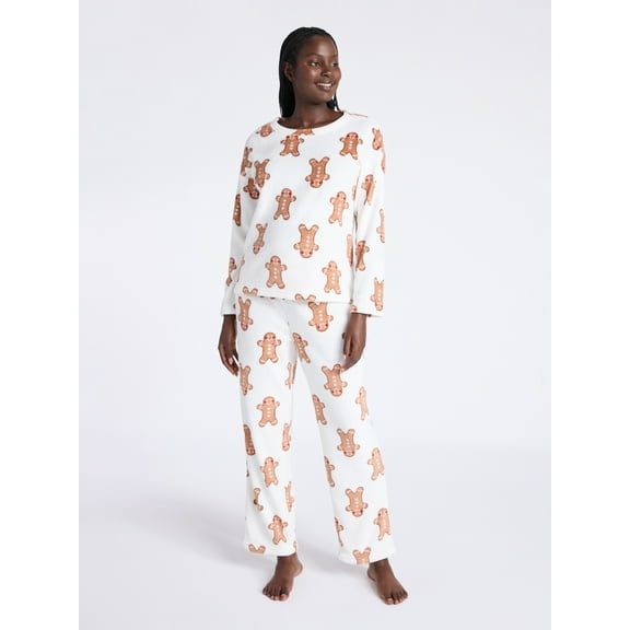 Joyspun Women's Folded Giftable Plush Long Sleeve Top and Pants Pajamas Set, 2-Piece, Sizes S-3X