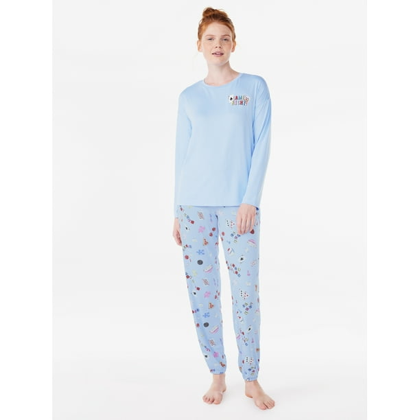 Joyspun Women’s Long Sleeve Tee and Joggers, 2Piece Pajama Set, Sizes