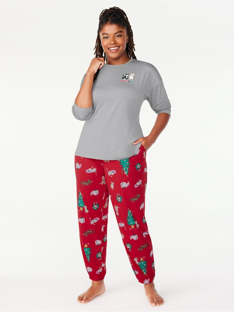 Joyspun Women's Long Sleeve Tee and Joggers, 2-Piece Pajama Set