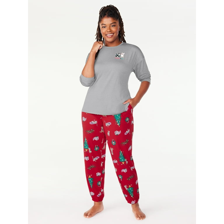 Joyspun Women’s Long Sleeve Tee and Joggers, 2-Piece Pajama Set, Sizes S-3X