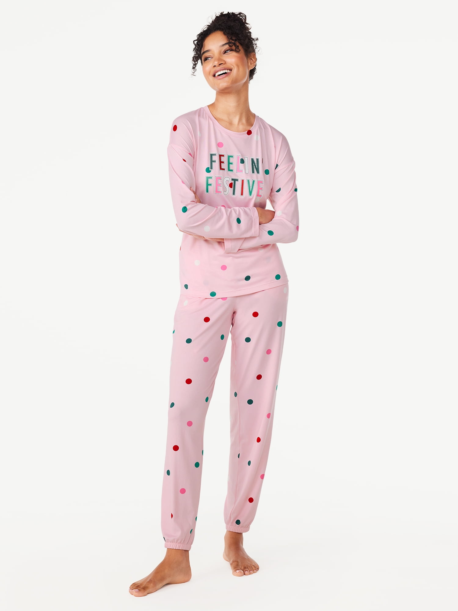 Joyspun Women's Long Sleeve Tee and Joggers, 2-Piece Pajama Set