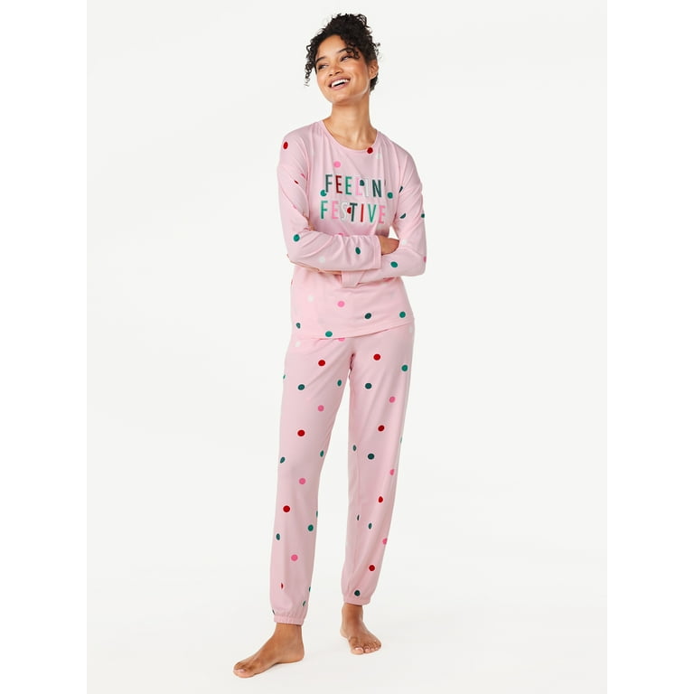 Joyspun Women\'s Long Sleeve Tee and Joggers, 2-Piece Pajama Set, Sizes S-3X