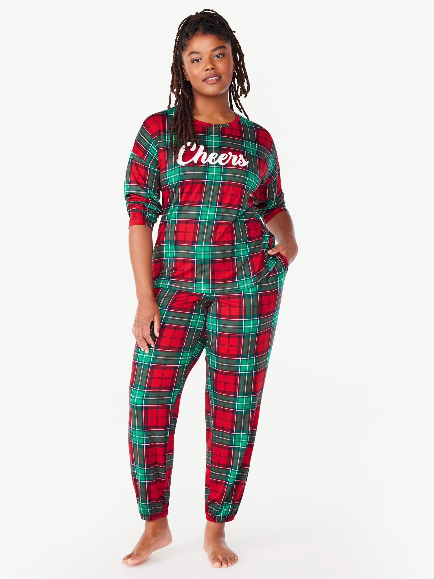Joyspun Women's Long Sleeve Flannel Sleep Top and Pants Pajama Set
