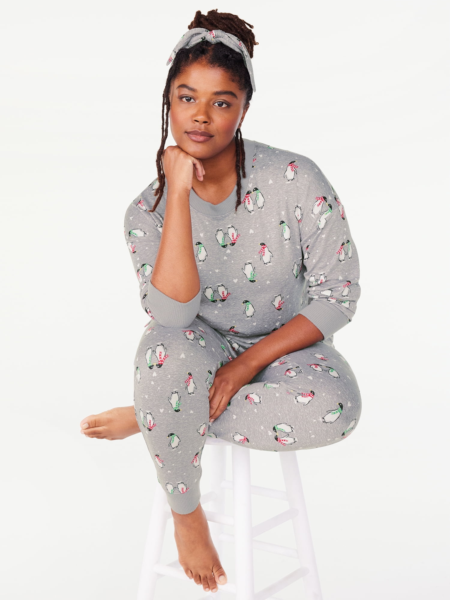 Joyspun Women's Long Sleeve Tee and Joggers Sleep Set with Headband,  3-Piece Pajama Set, Sizes S-3X