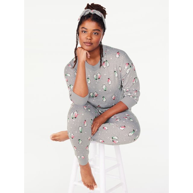 Joyspun Women's Long Sleeve Tee and Joggers Sleep Set with Headband, 3