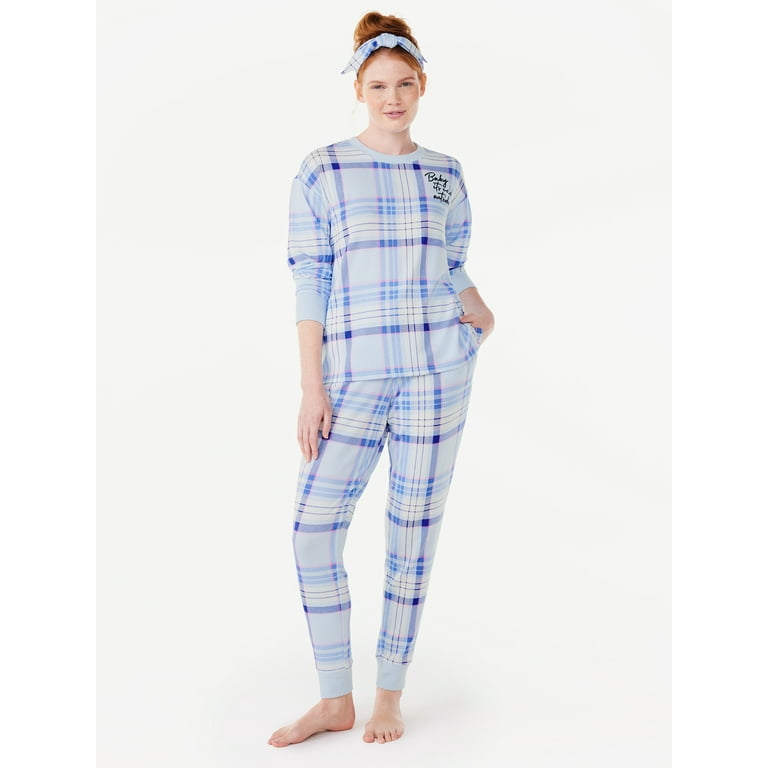 Joyspun Women's Long Sleeve Tee and Joggers Sleep Set with Headband,  3-Piece Pajama Set, Sizes S-3X 