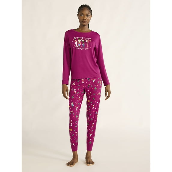 Joyspun Women's Long Sleeve Top and Jogger Pants Pajama Set, 2-Piece, Sizes XS-3X