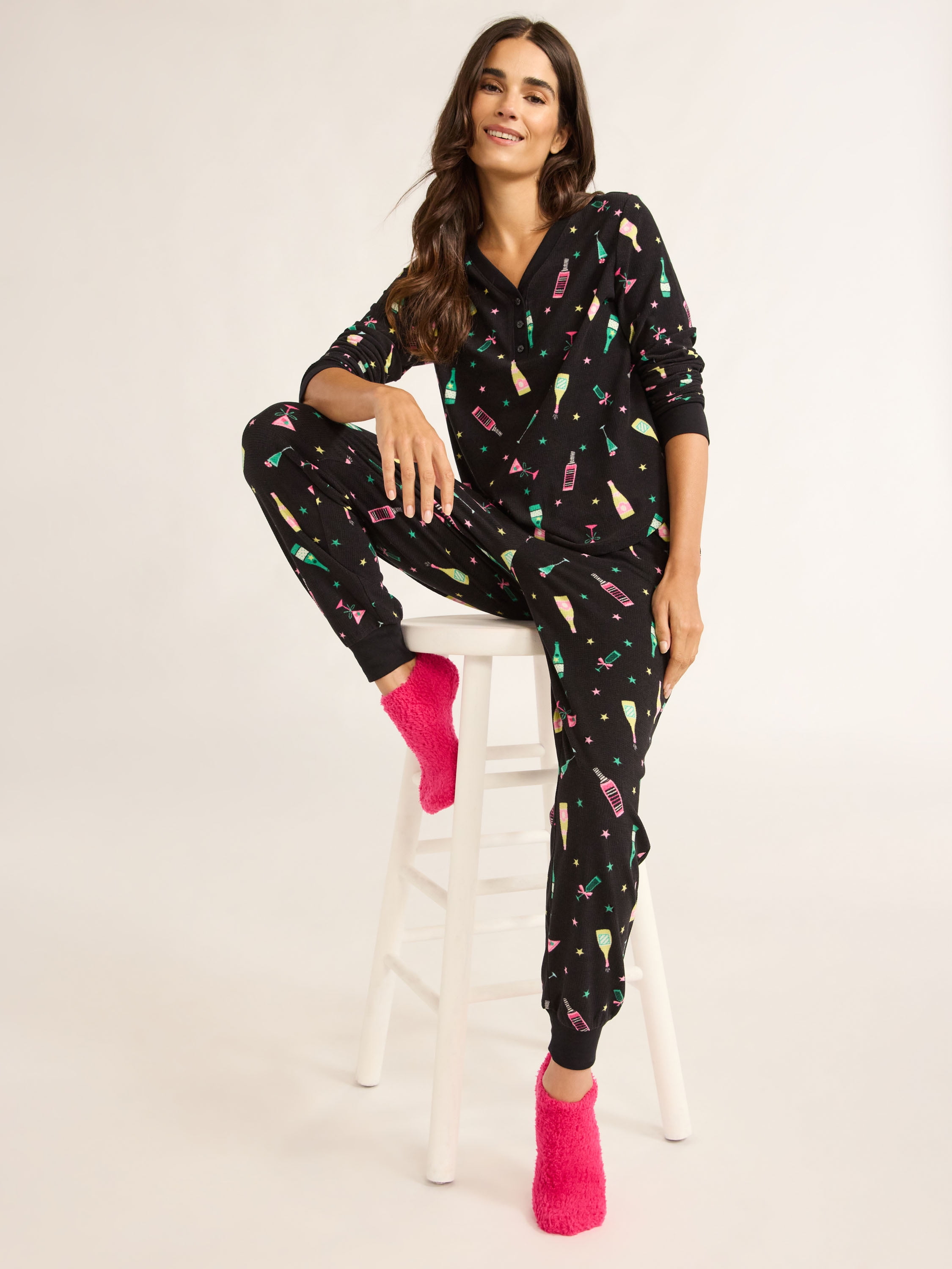 Joyspun Women s Velour Waffle Henley Sleep Top Jogger Pants and Socks Pajama Set 3 Piece Sizes XS 3X Walmart