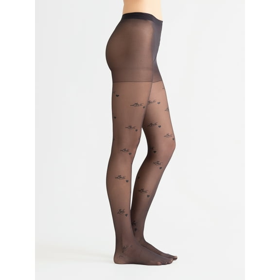 Joyspun Women's Love Words Sheer Black Tights, 1-Pack, Sizes S-XXL