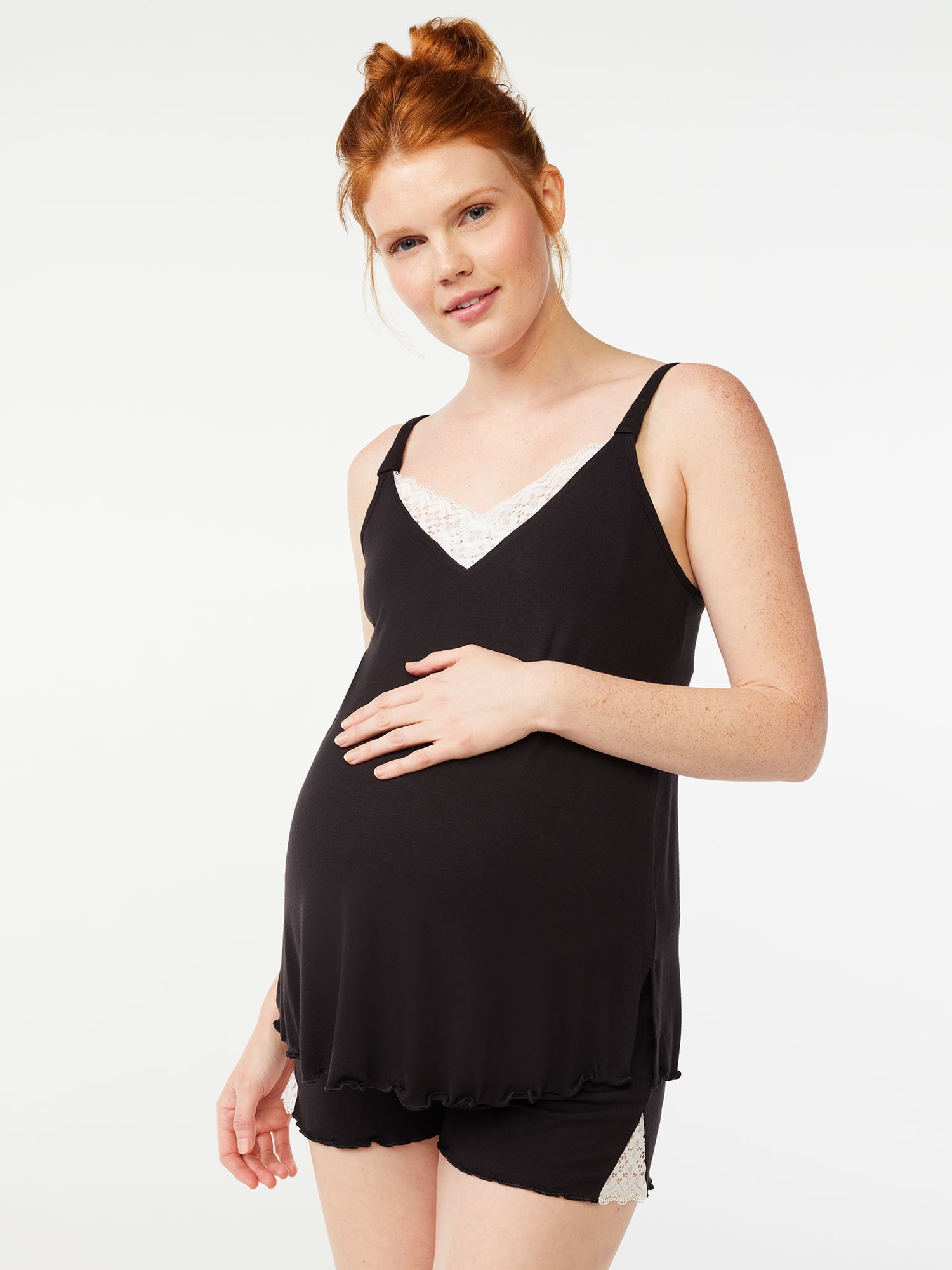 Joyspun Women's Maternity Lace Trim Nursing Camisole and Shorts Pajama Set,  Sizes S/M to XXL/XXXL 