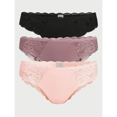 Joyspun Women's Microfiber and Lace Cheeky Panties, 3-Pack, Sizes XS-3XL