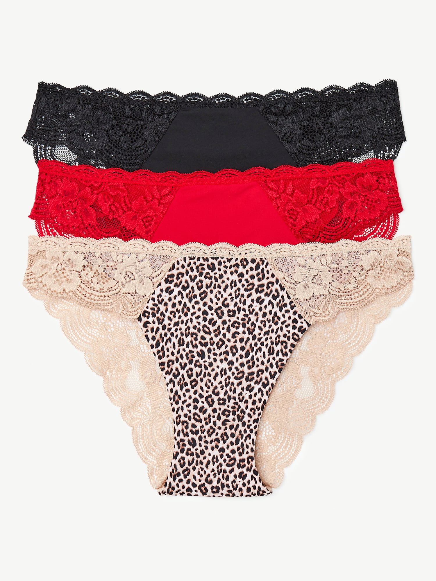 Joyspun Women's Microfiber and Lace Cheeky Panties, 3-Pack, Sizes XS to 3XL