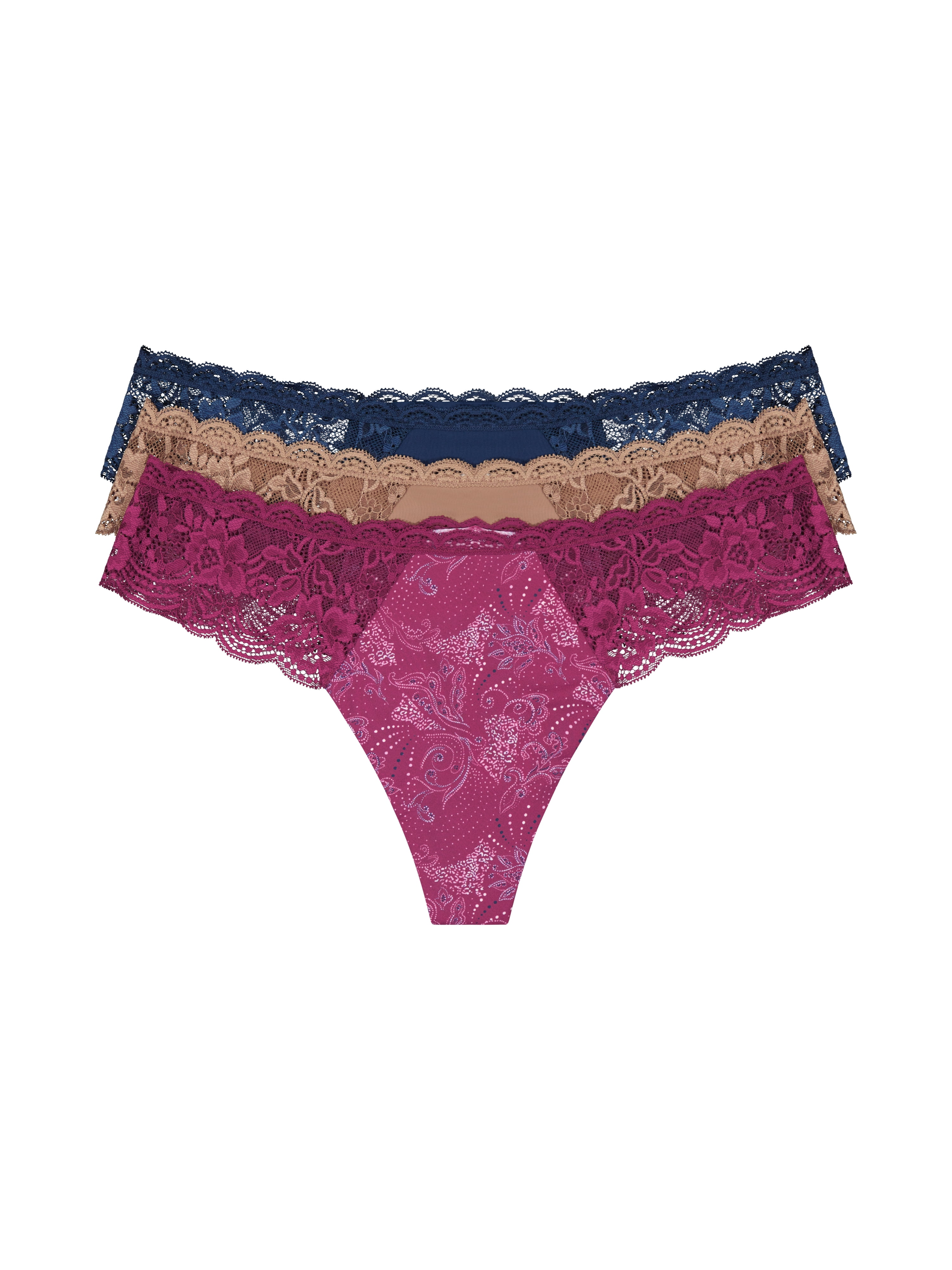 Joyspun Women's Microfiber and Lace Thong Panties, 3-Pack, Sizes XS to 3XL