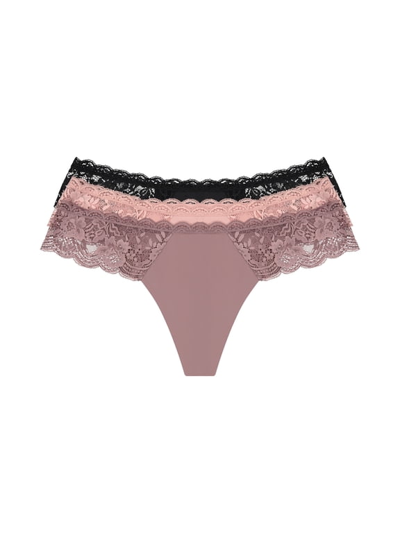 Women's Microfiber and Lace Thong Panties, 3-Pack, Sizes XS to 3XL