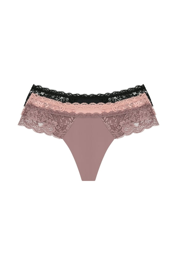 Women's Microfiber and Lace Thong Panties, 3-Pack, Sizes XS to 3XL