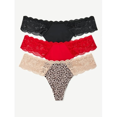 Joyspun Women's Microfiber and Lace Thong Panties, 3-Pack, Sizes XS to 3XL