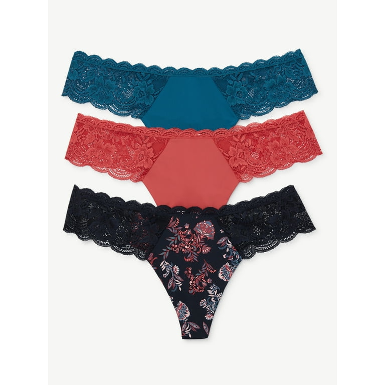 Joyspun Women's Microfiber and Lace Thong Panties, 3-Pack, Sizes XS to 3XL  