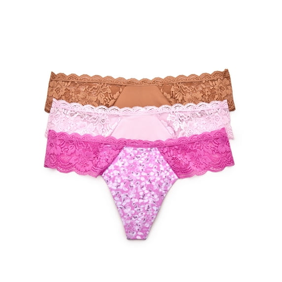 Joyspun Women's Microfiber and Lace Thong Panties, 3-Pack, Sizes XS-3XL