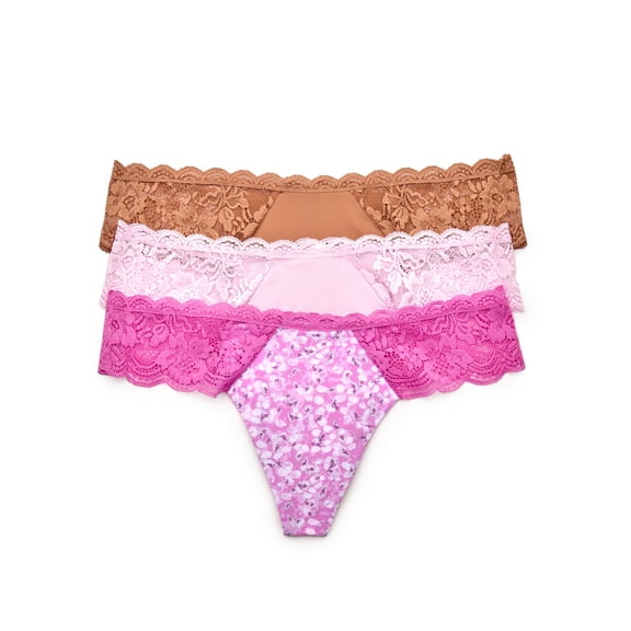 Joyspun Women's Microfiber and Lace Thong Panties, 3-Pack, Sizes XS to 3XL