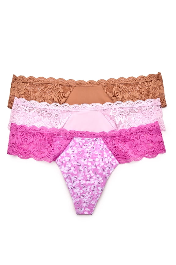 Women's Microfiber and Lace Thong Panties, 3-Pack, Sizes XS-3XL