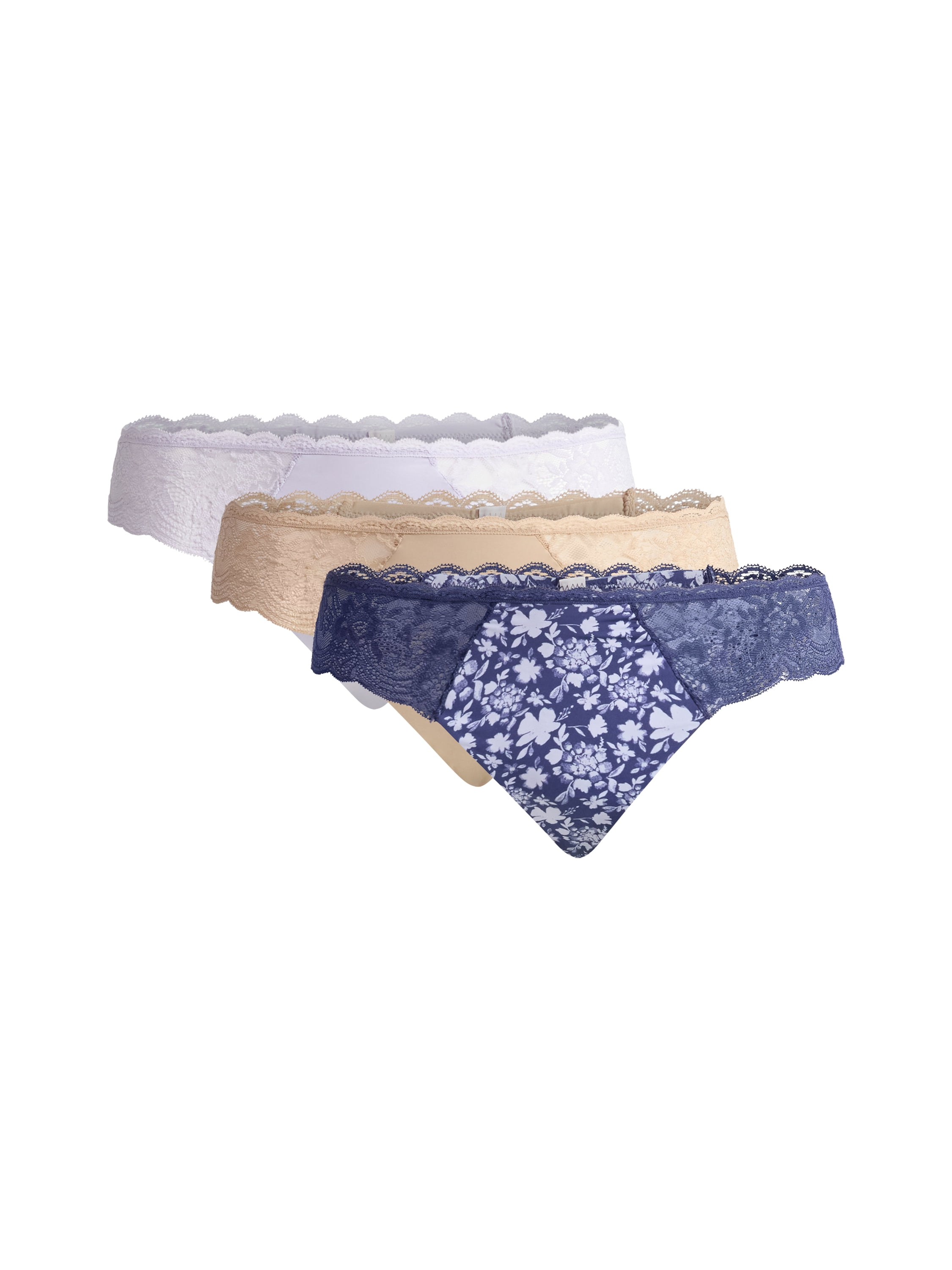 Joyspun Women's Microfiber and Lace Thong Panties, 3-Pack, Sizes XS-3XL
